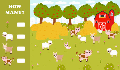 Counting game for kids with farm animals - sheeps and cows, goats and flowers, barn and haystacks in cartoon style