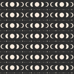 Moon phases pattern repeat stripes in gold and black background. Vector illustration surface design for yoga, spiritual, coaches, tarot and universe lovers.