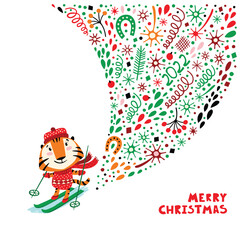 Merry Christmas. The symbol of 2022 is the Tiger. Card with a cheerful tiger on skis.