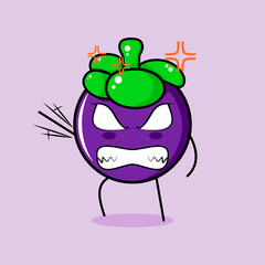 cute mangosteen character with angry expression. green and purple. suitable for emoticon, logo, mascot. one hand raised, eyes bulging and grinning