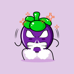 cute mangosteen character with angry expression. nose blowing smoke, eyes bulging and grinning. green and purple. suitable for emoticon, logo, mascot