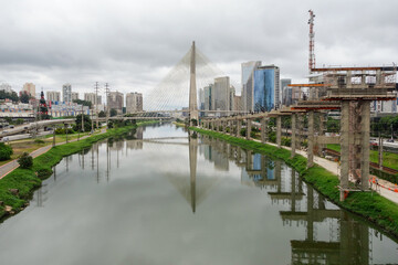 cable-stayed Octavio Frias de Oliveira Bridge over Pinheiros river in Sao Paulo, Brazil. Estaiada bridge