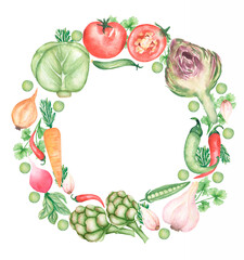 Watercolor Vegetable wreath Clipart, Kitchen Healthy Food frame illustration, peas, Cabbage, carrot, Organic food, Culinary Clip art, Garden Plants