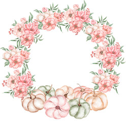 Pink Flowers and pumpkin wreath Clipart, Watercolor Caramel flowers and greenery frame illustration, Vintage florals frame illustration, Rustic Thanksgiving border, Logo, template