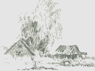 Freehand textured pencil drawing of rural landscape with silhouettes trees and old wooden houses