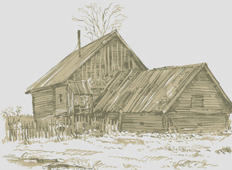 Freehand textured pencil drawing of rural landscape with silhouettes old wooden house and barn - obrazy, fototapety, plakaty