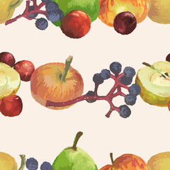 Seamless pattern from watercolor drawings of set various ripe fruits,yellow apples,red cherries and plum,blue chokeberry berries,green pear