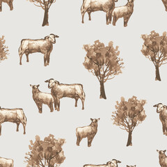 Seamless pattern from watercolor monochrome drawings of sheeps and trees