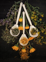 bright dry medicinal herbs in spoons and fresh thyme with calendula and St. John's wort