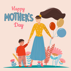 Happy mothers day. Woman holds hand of her children and balloons. Design of greeting cards, posters and banners. Caring and love. Gift or present for parent. Cartoon flat vector illustration