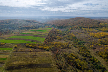 View from a height of the autumn green forest and fields. Light fog over the mountain forest.