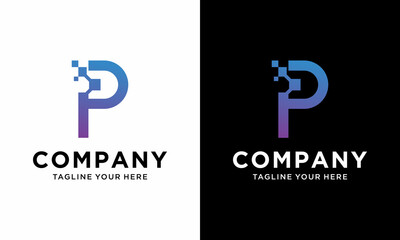 P Letter Pixel Gesture Logo,  P Letter Pixel Media Technology Logo Design Template. on a black and white background.