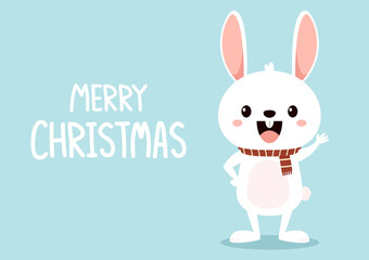 Cute white bunny. Rabbit cartoon vector collection. Animal wildlife character. Merry Christmas poster.