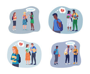 Social anxiety disorder in teen 2D vector isolated illustrations set. Shy teenager and talkative adolescents flat characters on cartoon background. Social interaction fear colourful scenes collection
