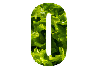 Letter O of the English alphabet made from fresh green lettuce leaves on a white isolated background. Bright alphabet for design