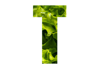 Letter T of the English alphabet made from fresh green lettuce leaves on a white isolated background. Bright alphabet for design
