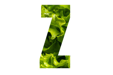 Letter Z of the English alphabet made from fresh green lettuce leaves on a white isolated background. Bright alphabet for design