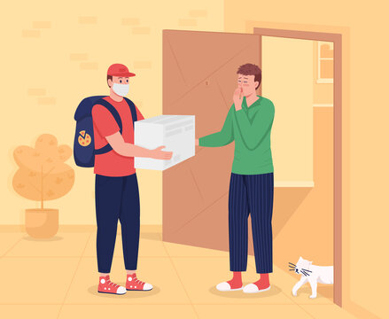 Safe delivery to door flat color vector illustration. Receive order at home. Courier man with customer at home entrance 2D cartoon characters with apartment building corridor interior on background