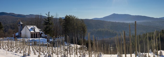 The Chapelle Ste-Agnès vineyard in Sutton, Quebec, Canada, is covered in snow, at winter rest.