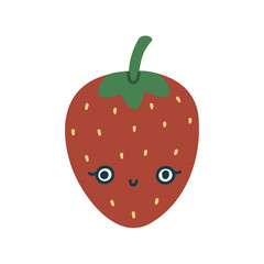 Cute kawaii strawberry red. Kind childish berry character with eyes and a smile. Vector isolated flat illustration on white background.