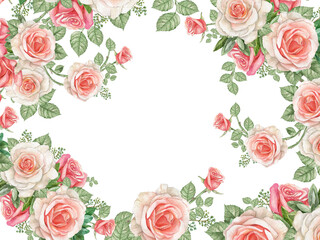 Watercolor dusty rose frame,pink blush flower border,wedding, bridal shower frame,Vintage roses on white background.
