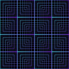 Abstract blue and purple stacked square frame spirograph shapes seamless technology pattern on the black background. Vector illustration. Wrapping paper.