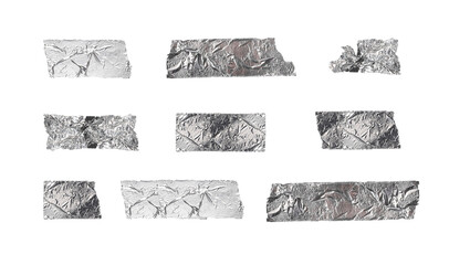 Silver tapes set. Adhesive torn, ripped, crumpled shining paper strips isolated on white background.