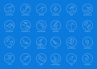 Beijing 2022 olympics vector set of 24 winter sport icons. Silhouette sport sign collection. Indoor and outdoor activities, single, team sport included. Graphic clip art for design, mobile, web, print - obrazy, fototapety, plakaty