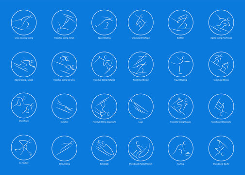 Beijing 2022 olympics vector set of 24 winter sport icons. Silhouette sport sign collection. Indoor and outdoor activities, single, team sport included. Graphic clip art for design, mobile, web, print