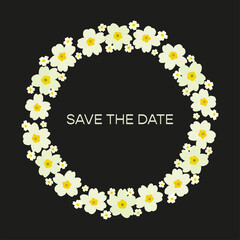 Save the date white primrose round frame. Flat illustration isolated on black background 