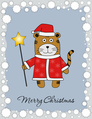 tiger in santa clothes with a star in a snowflake frame