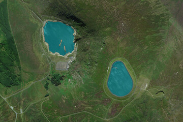 Pumped storage hydropower plant, upper reservoir and lower reservoir, looking down aerial view from...