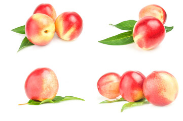 Collection of ripe peaches close-up on white