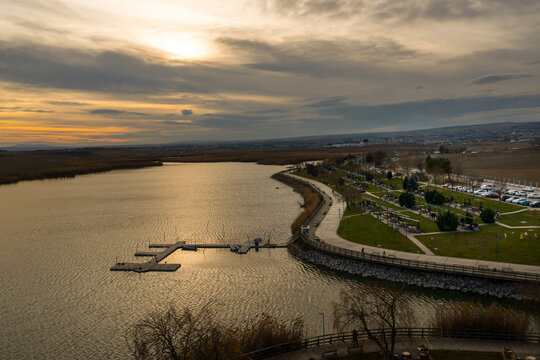 Ankara, Turkey - December 11 2021: Lake Mogan and barbecue park just near the lake at sunset, Golbasi.