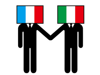 A pictogram of a person who anthropomorphized and characterized the national flag that France and Italy shook hands with. Symbols, graphic materials