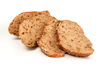 The pieces of cut brown bread close on a white background