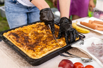 Lasagna tray ready to eat.