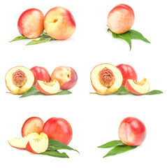 Collection of juicy ripe peaches close-up on white