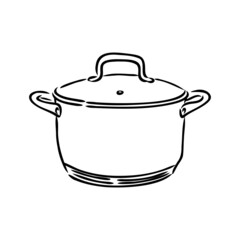 Hand Drawn Saucepan Sketch Symbol. Vector Pot Element In Trendy Style.