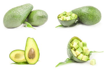 Set of green avocados isolated on a white background with clipping path