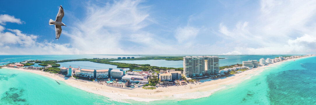 aerial view of the beautiful caribbean beach in Cancun, Mexico