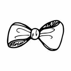 Hand-drawn tied bow in doodle style for different types of design. Black and white vector illustration.