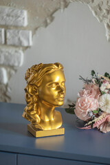 Head vases. Interior design trend head vase. Gold pot flower vase for decoration. Design elements, Gold head vase of cement.