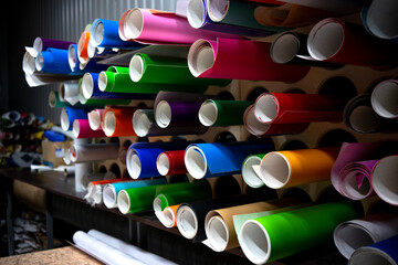 The self-adhesive film is in rolls on the shelves of production.Multicolored vinyl films.