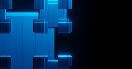 Render with a blue fractal from cubes on a black background