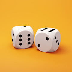 Close-up of two white dice against orange background. 3d render