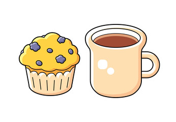 Coffee or tea cup and muffin isolated cartoon vector