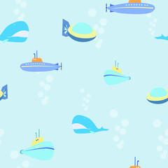 seamless pattern with the image of submarines and whales in children's cartoon style for prints on fabrics, packaging and for decorating the backgrounds of children's cards and interiors