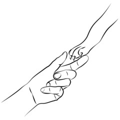 Human hand and paw of a puppy. Friendship and loyalty. Sketch for tattoo 