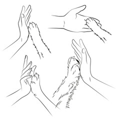 Human hand and dog paw. Set of outline drawings